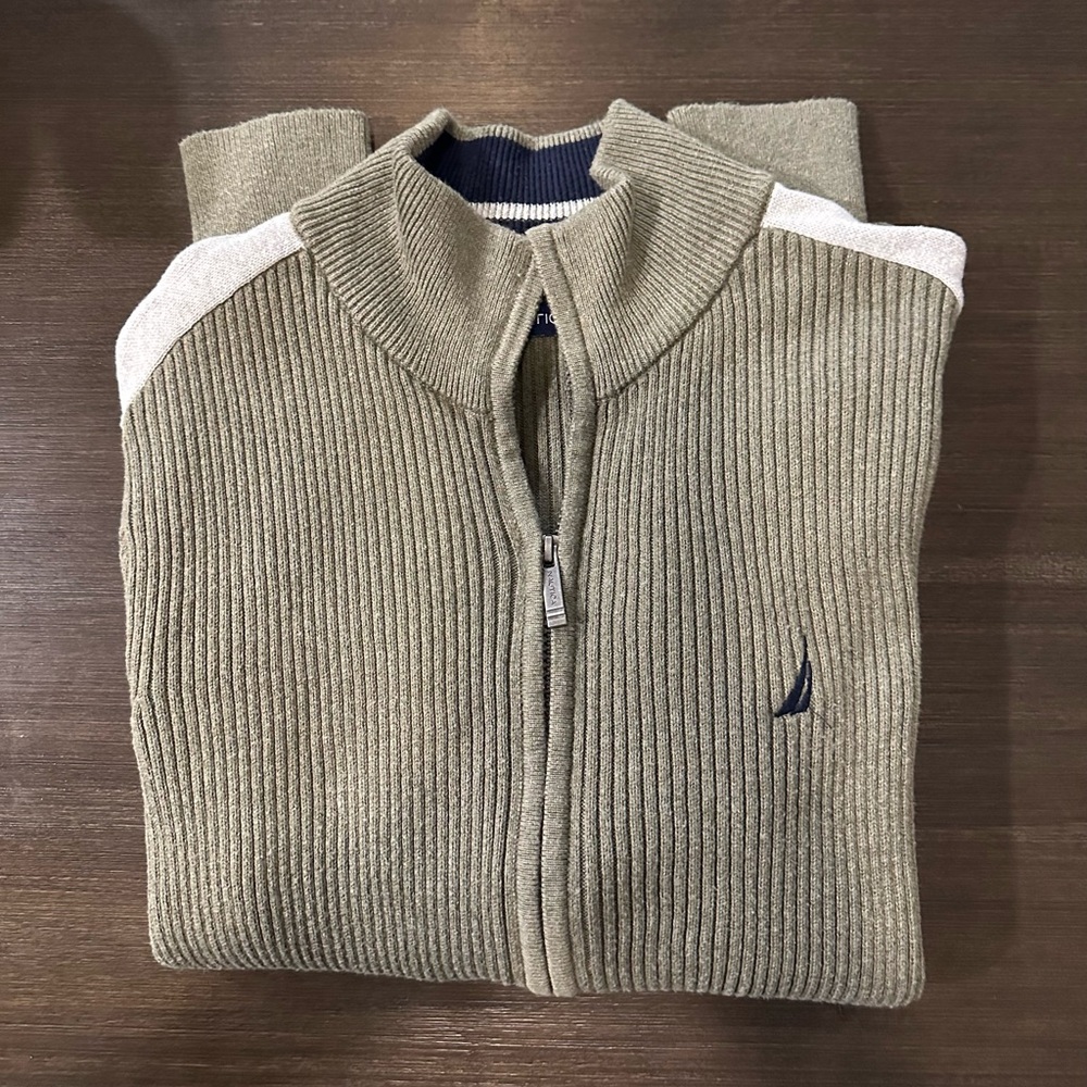 Nautica Men's Beige, Cream and Blue Zip-Up Sweater